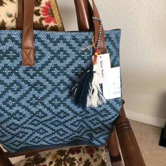 Blue Jute Tile Print Canvas Tote NWT - Picture 5 of 9